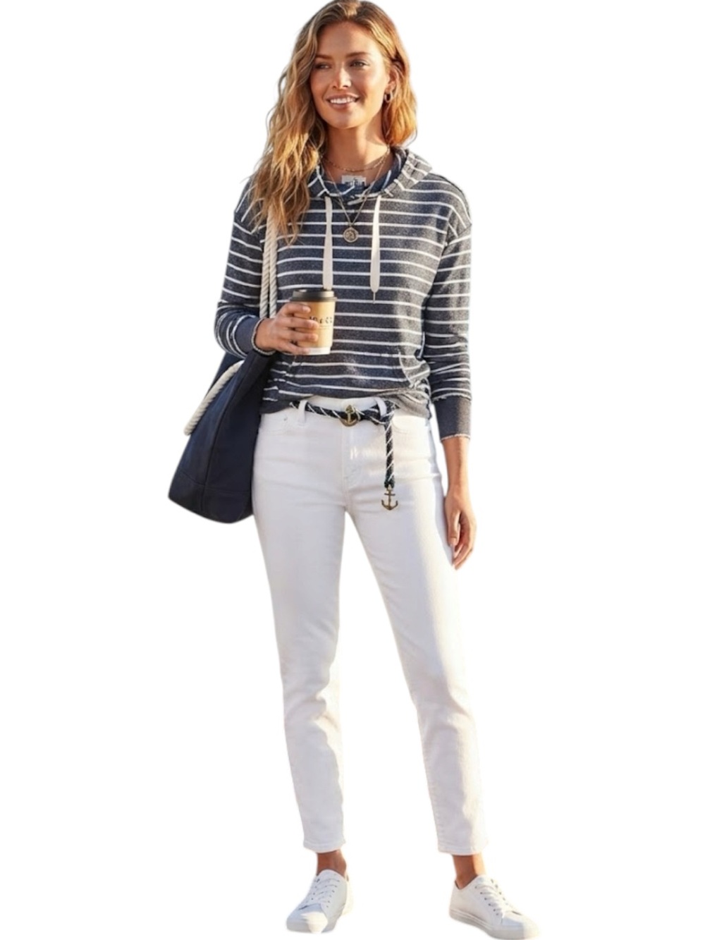 JO & CO JEANS Stripe Knit Hoodie Pullover Sweater Grey White Size S
